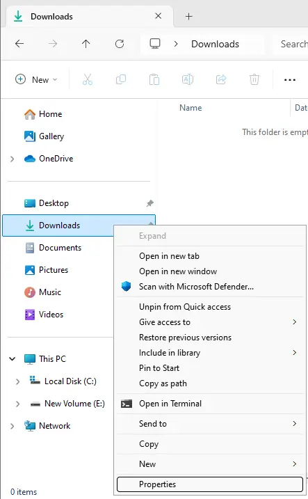 Right click on downloads folder