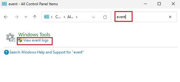 Search event in control panel