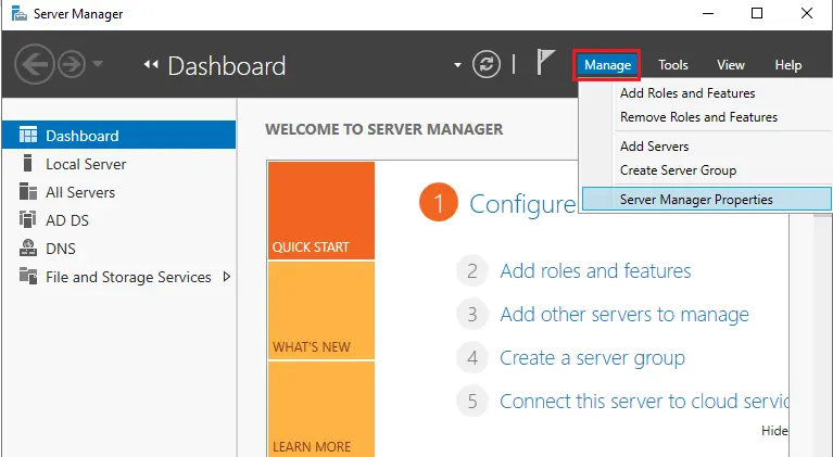 Server manager dashboard manage