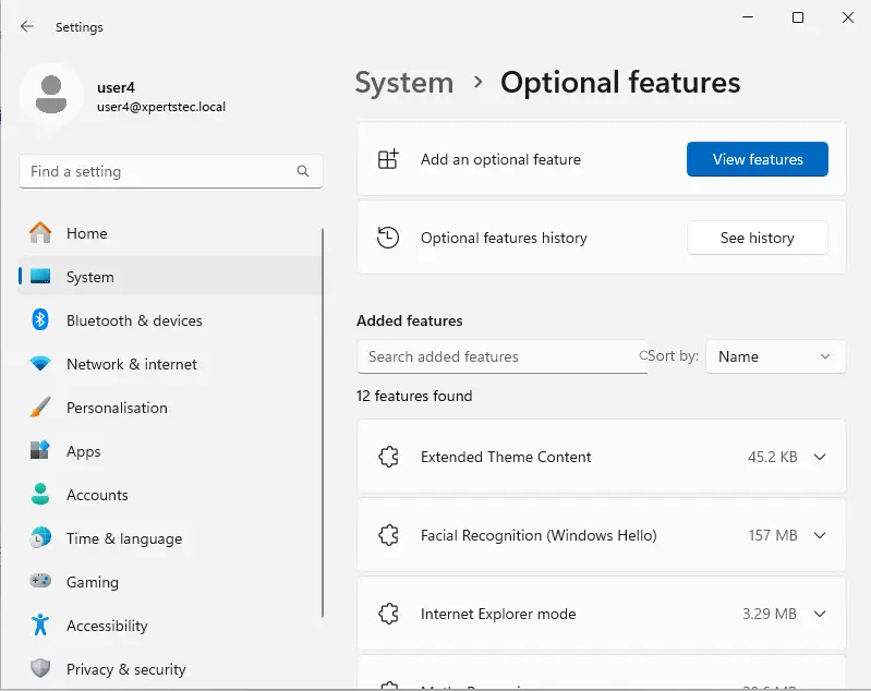 Windows settings optional features