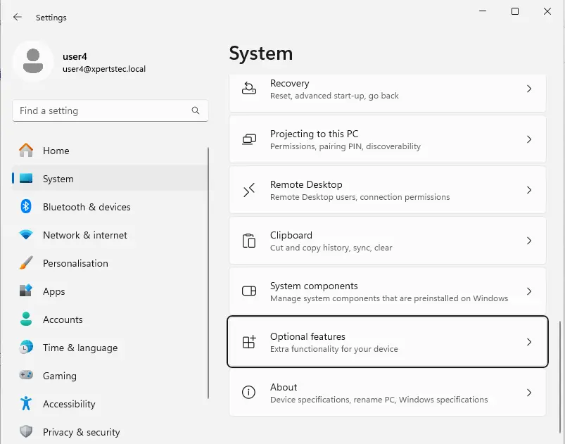 Windows settings system