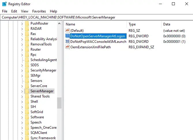 disable server manager startup via registry