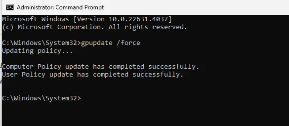 Gpupdate /force updating policy
