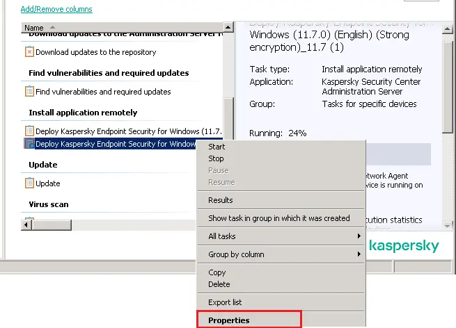 Application remotely task Kaspersky