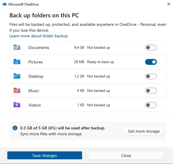 Back up folders on this PC OneDrive