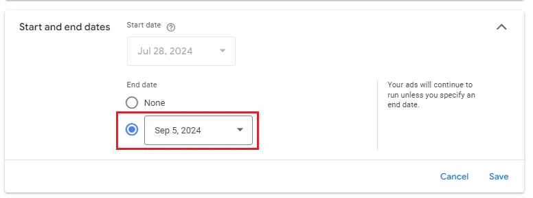 Change Google ads end date