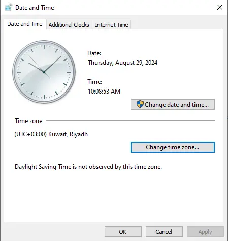 Change date and time zone in Windows server