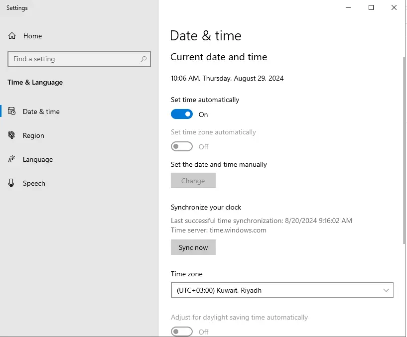 Change time zone on Windows server