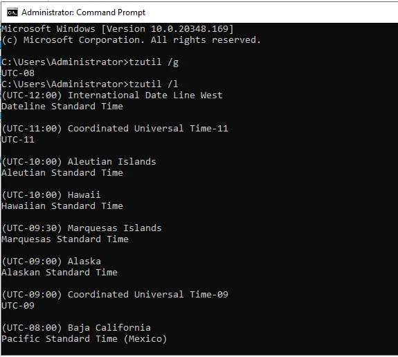 Change time zone with command prompt