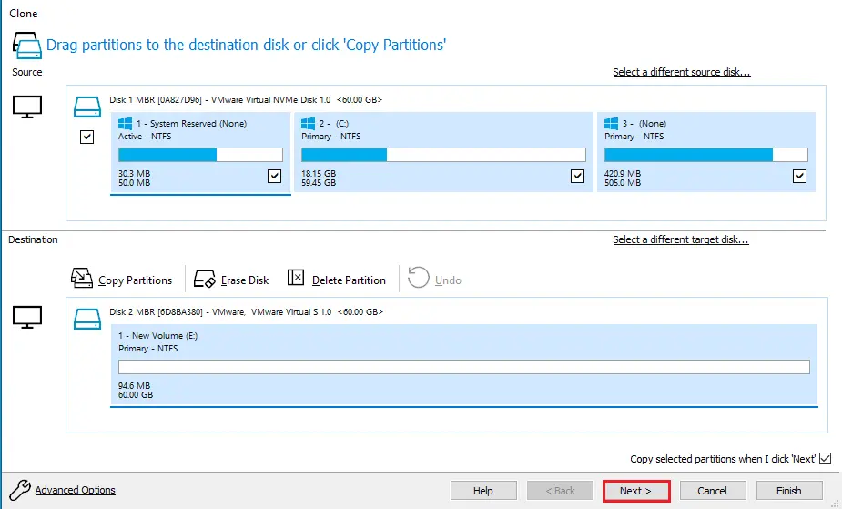 Clone a disk in macrium reflect