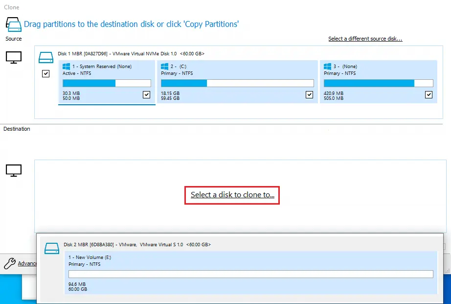 Clone a disk with macrium reflect