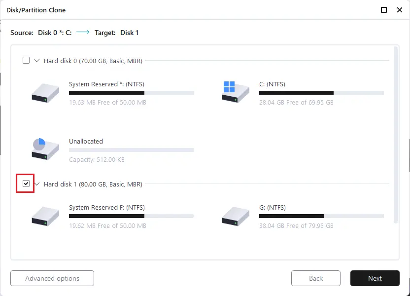 Clone disk target EaseUS