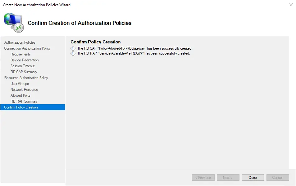 Confirm creation of authorization policies