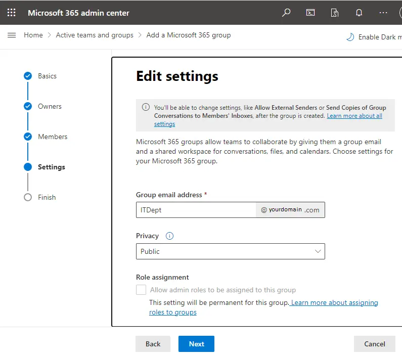 Create a Microsoft 365 group settings