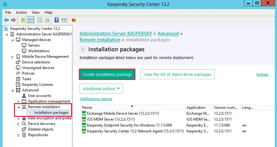 Create installation package Kaspersky