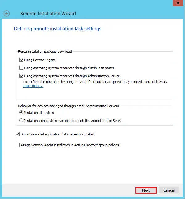 Define remote installation task settings