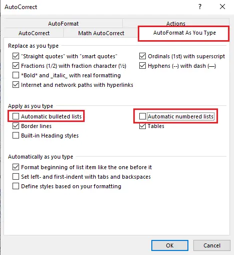 Disable auto bullets numbering in word