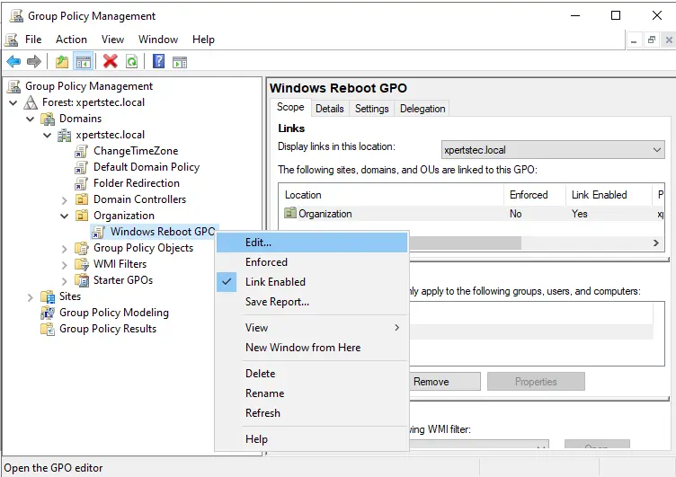 Edit GPO to schedule reboot windows server