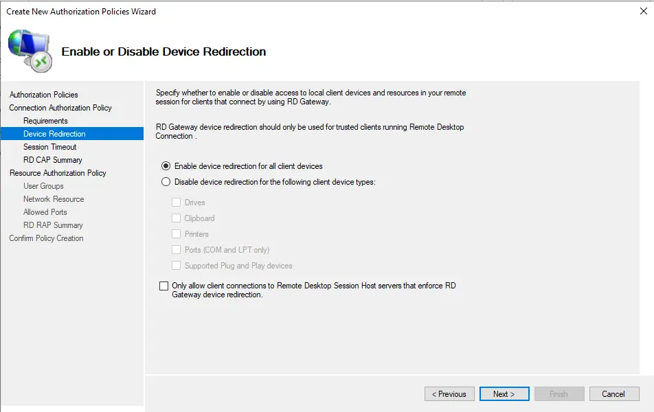 Enable or disable device redirection