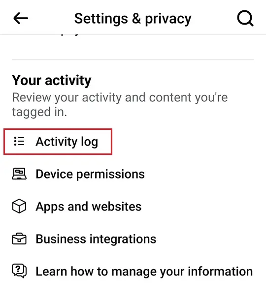 Facebook app activity log