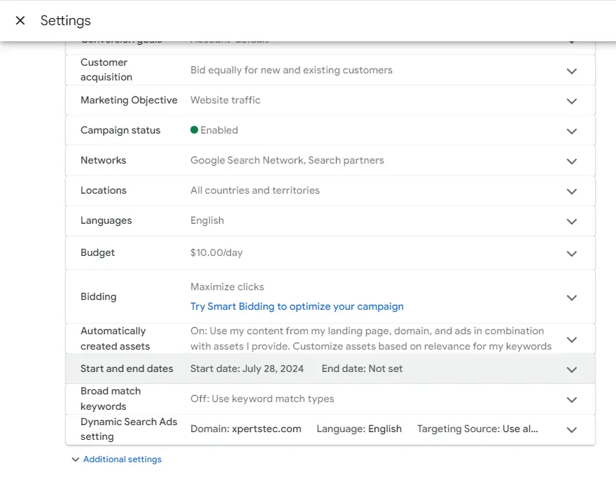 Google ads campaign settings