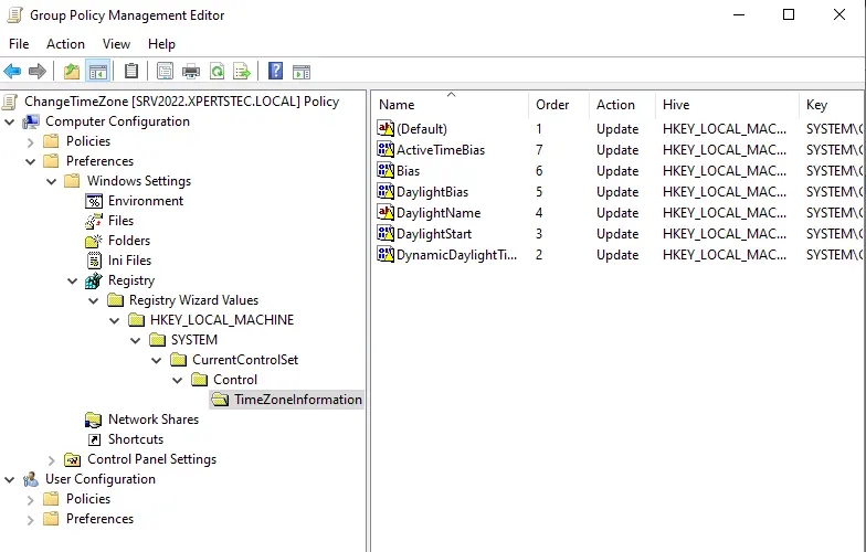 Import time zone information in registry