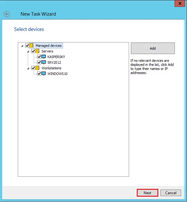 Kaspersky New Task select devices