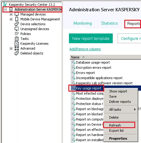 Kaspersky administration server reports