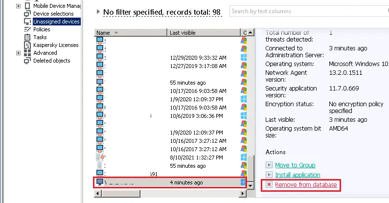 Kaspersky device remove from database