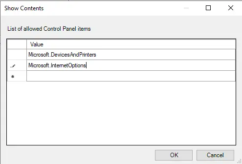 List of allowed control panel items