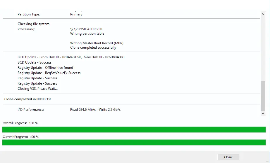 Macrium Reflect clone completed