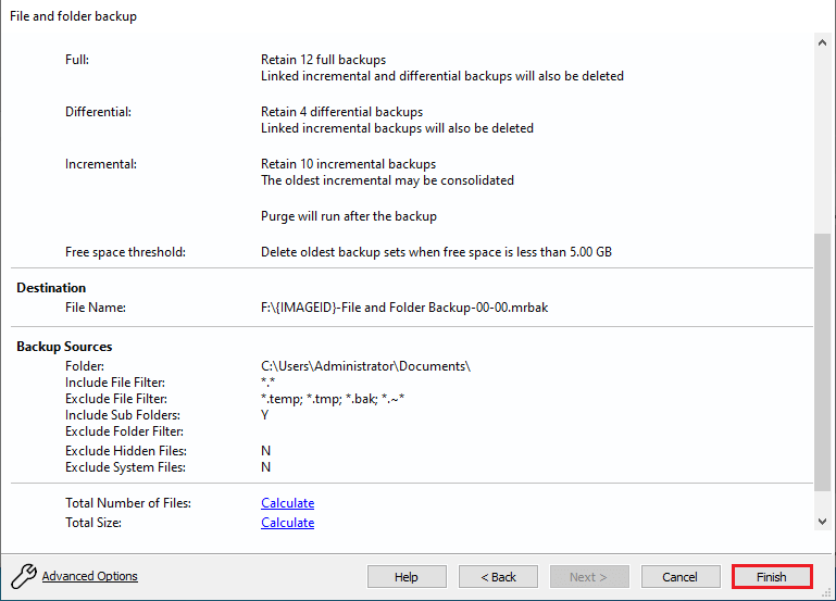 Macrium file and folder backup summary