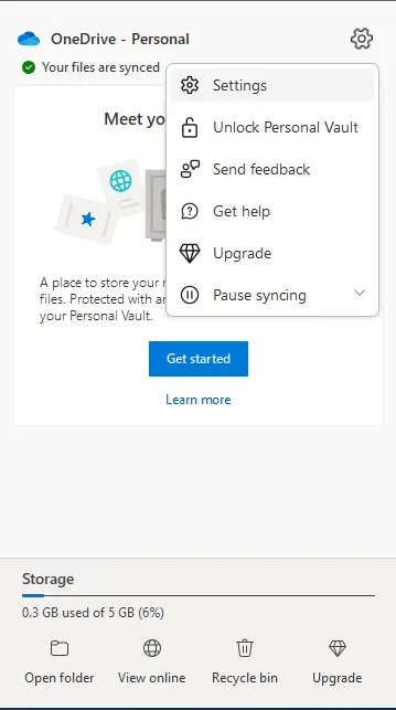 OneDrive settings menu