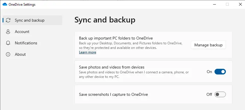 OneDrive settings