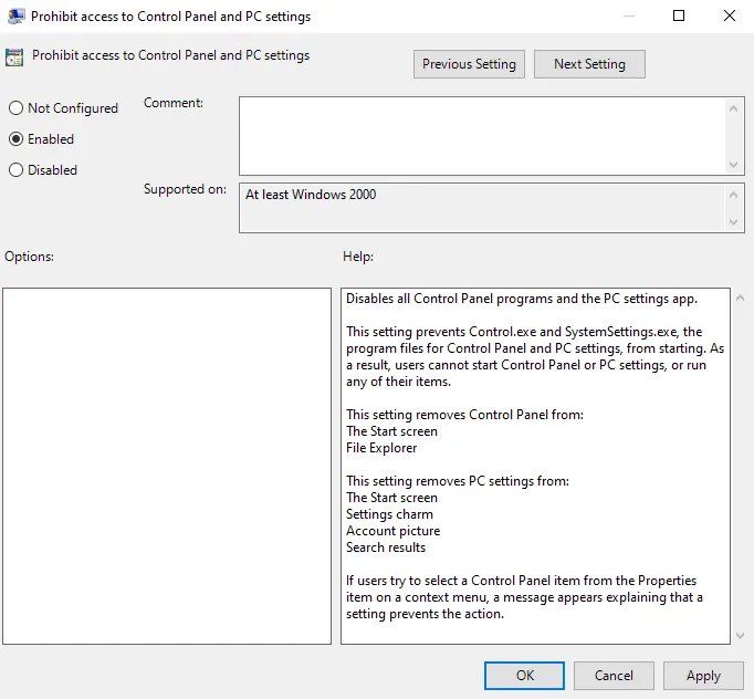 Prohibit access to Control Panel and PC Settings