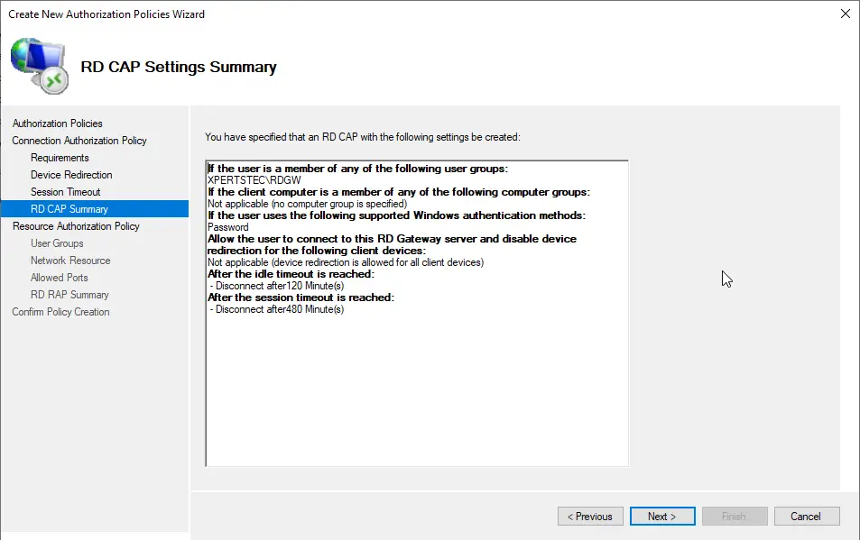 RD CAP settings summary