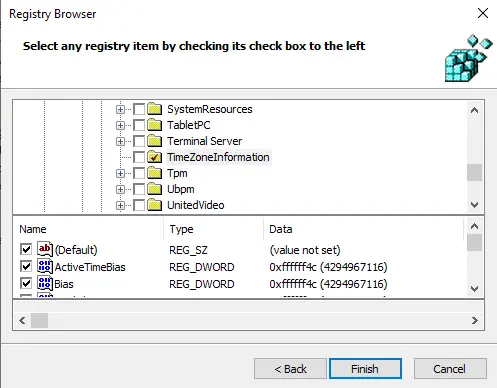 Registry browser time zone information