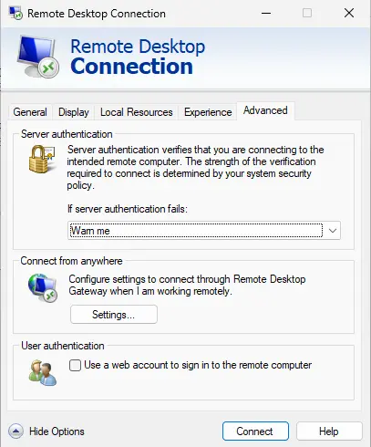 Remote desktop connection advanced tab