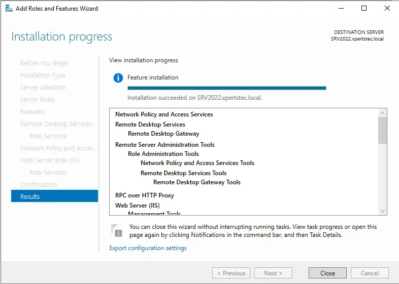 Remote desktop gateway installation progress