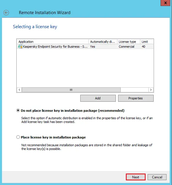 Remote installation select a license Kaspersky