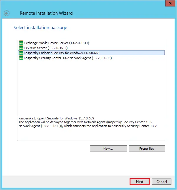 Remote installation wizard package Kaspersky