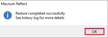 Restore completed successfully Reflect
