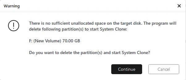 System clone EaseUS sufficient unallocated