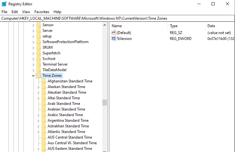 Time zones in registry