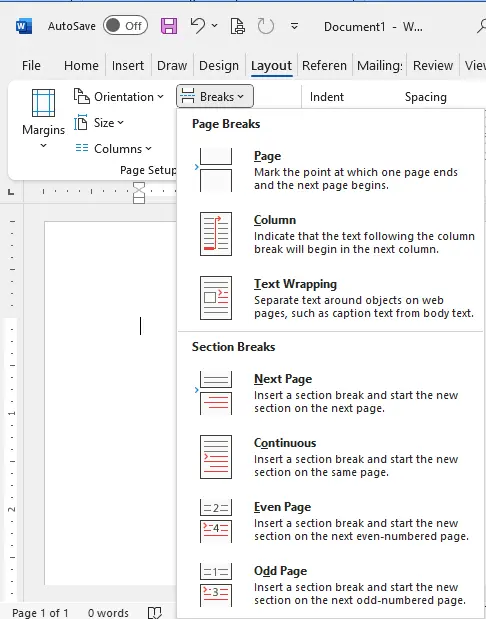 Use breaks in Word 365