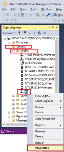 sql login properties