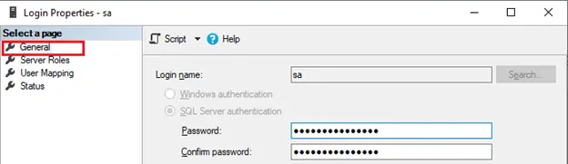 sql login properties general