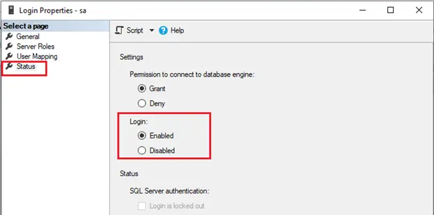 sql login properties status