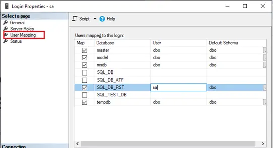 sql page user mapping sa